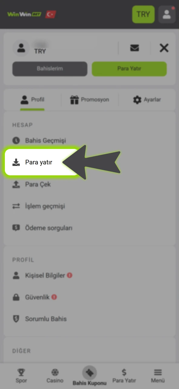 Hesabınıza giriş yapıp resmi WinWin yöntemleriyle ilk para yatırımınızı gerçekleştirin.