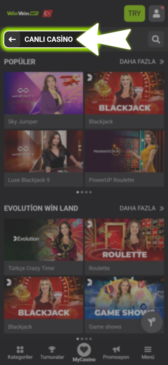 Canlı casino sekmesinden resmi WinWin masalarına katılarak oyunlara hemen başlayın.