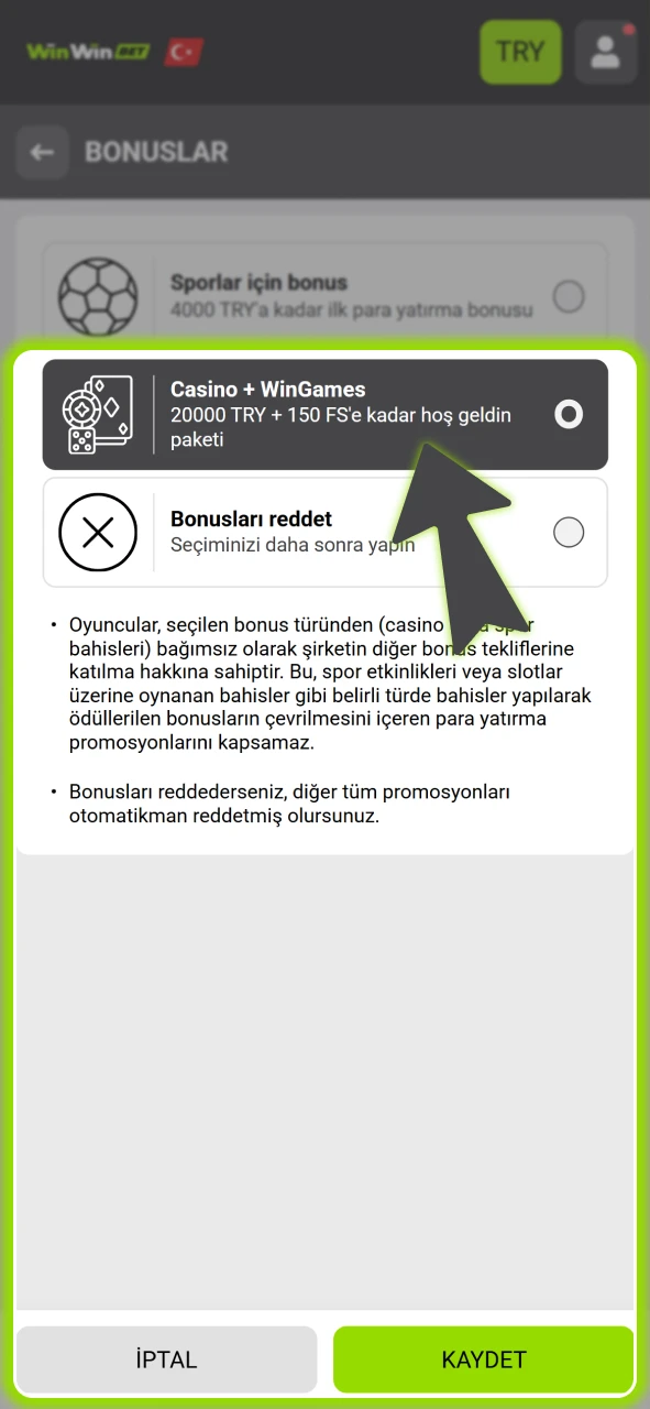 Yatırım sonrası sunulan resmi WinWin hoş geldin bonusu paketini etkinleştirin.