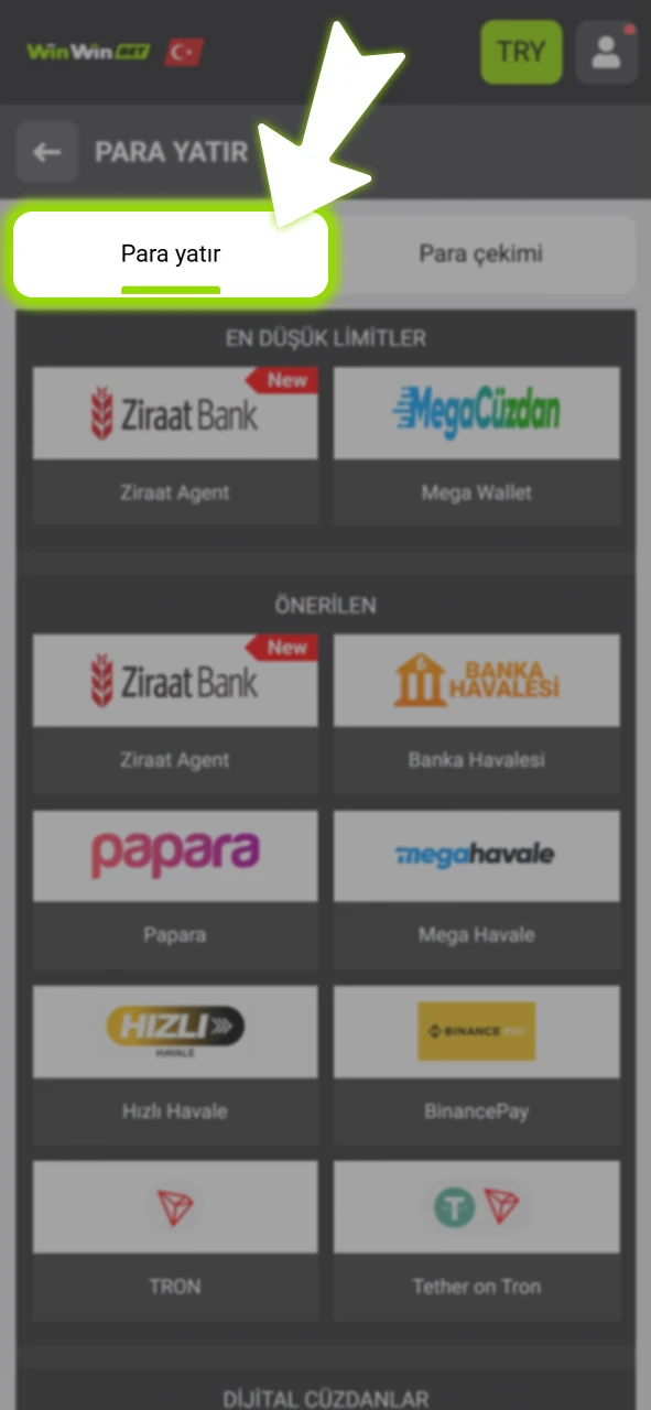 Kasa bölümünden dilediğiniz yöntemle resmi WinWin hesabınıza güvenli yatırım yapın.
