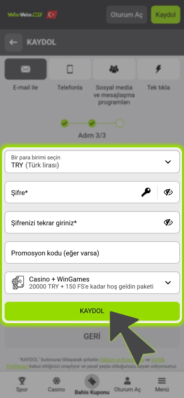 Kişisel bilgilerinizi girerek resmi WinWin hesabınızı saniyeler içinde kolayca oluşturun.