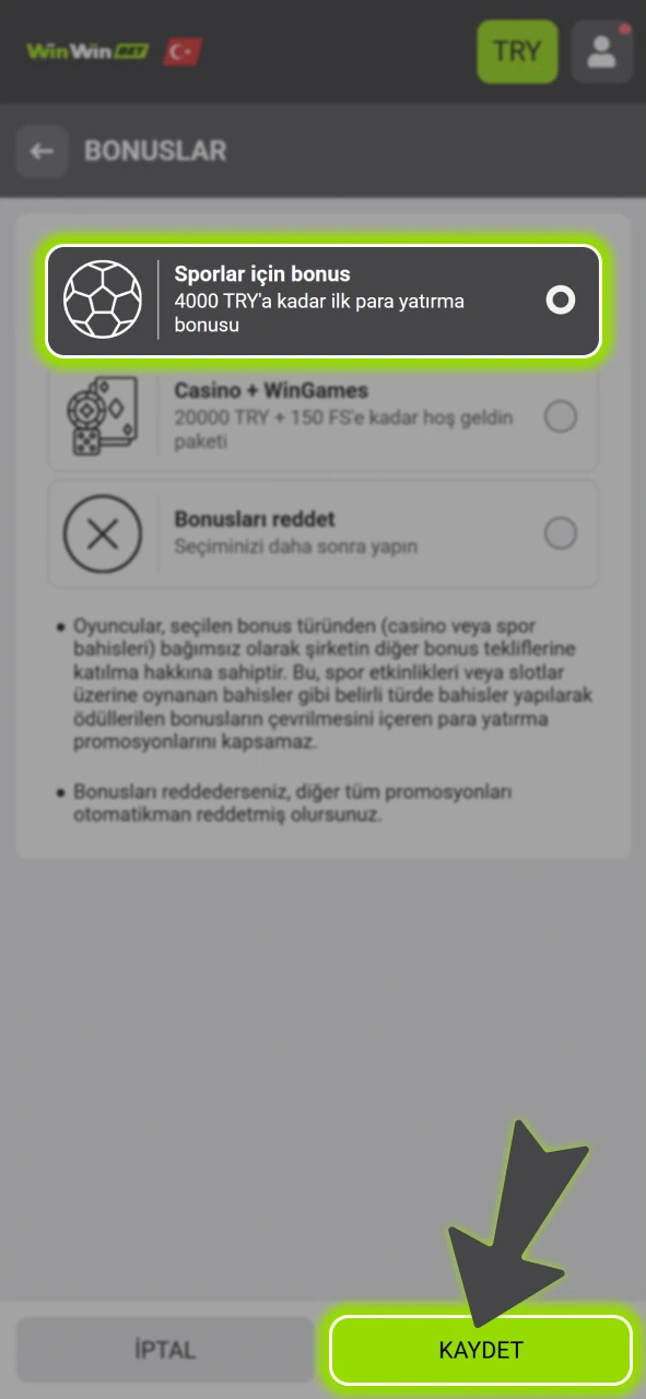 Yatırım esnasında sunulan resmi WinWin hoş geldin bonusu teklifini etkinleştirin.