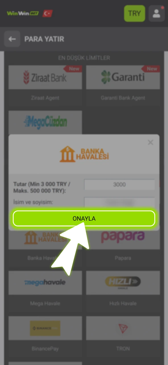 Kasa bölümünden dilediğiniz yöntemle resmi WinWin hesabınıza bakiye yüklemesi yapın.