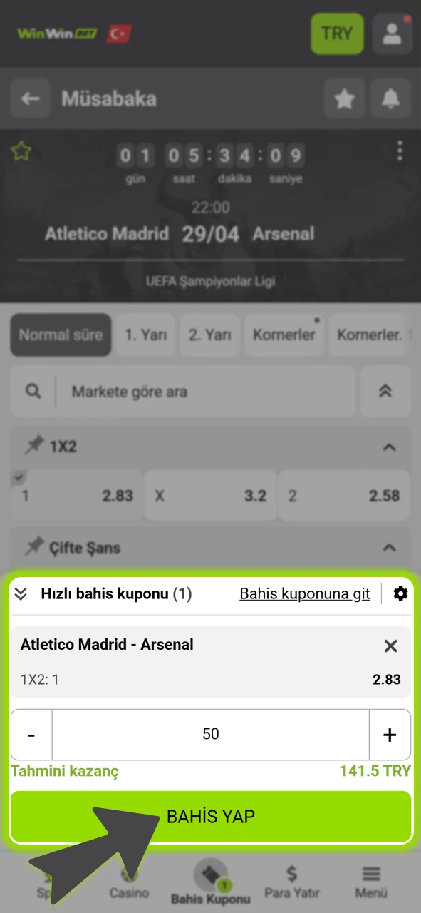 Maç oranına tıklayarak kuponunuzu resmi WinWin paneli üzerinden hemen onaylayın.