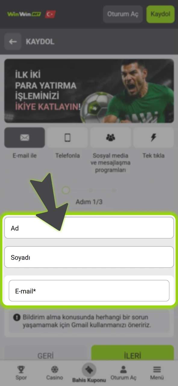 Gerekli tüm kişisel bilgilerinizi resmi WinWin kayıt formuna doğru girin.