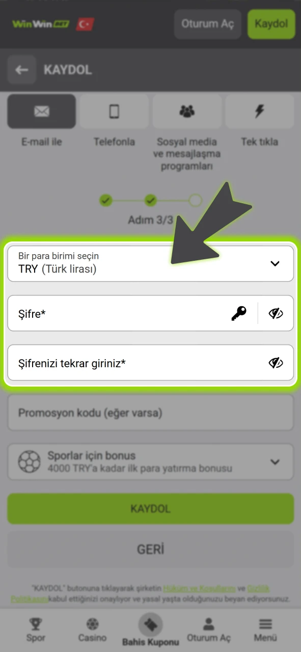Güvenli bir şifre belirleyerek resmi WinWin hesabınızı hemen oluşturmaya başlayın.