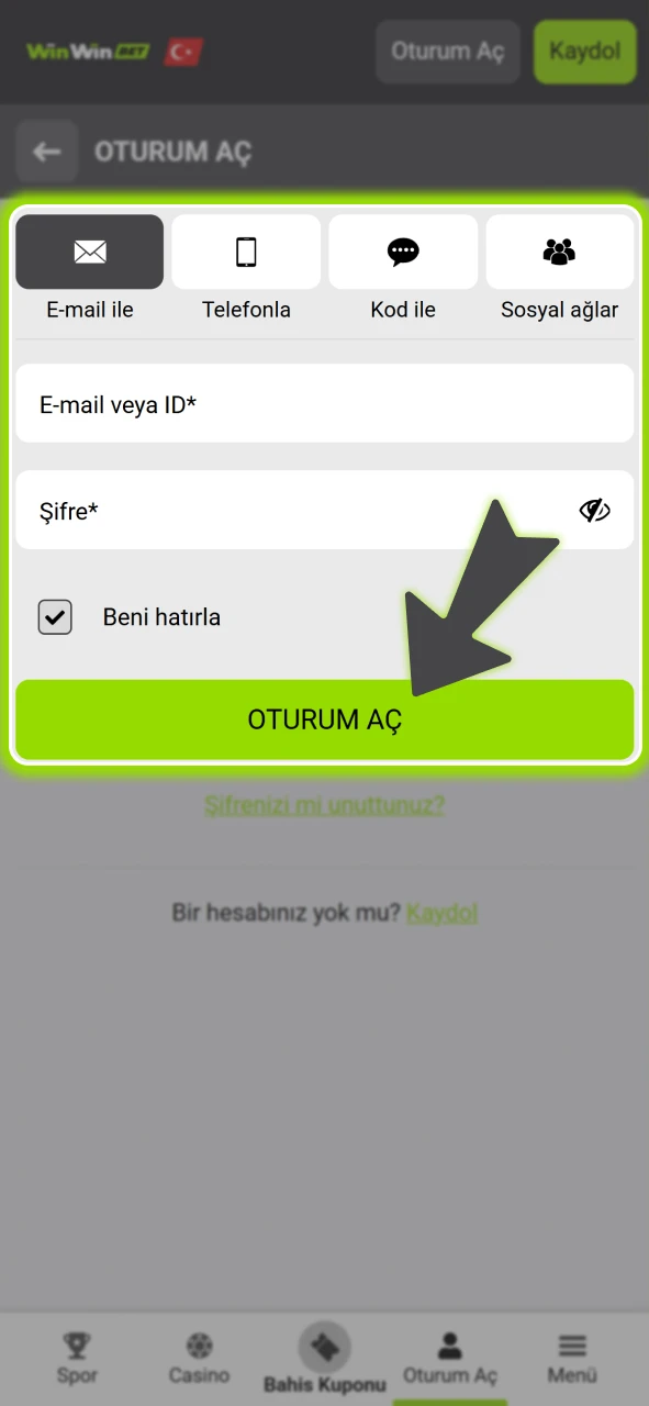 Kullanıcı bilgilerinizle resmi WinWin platformuna giriş yaparak bahisleri keşfetmeye başlayın.