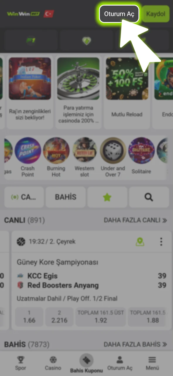 Çekim talebi oluşturmak için resmi WinWin hesabınıza kullanıcı bilgilerinizle erişin.
