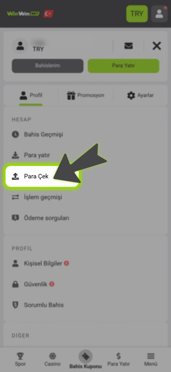 Hesap menüsünden resmi WinWin para çekme sekmesine tıklayarak devam edin.