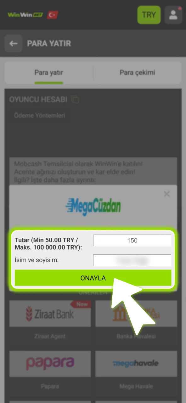 Yatırmak istediğiniz tutarı girerek resmi WinWin işleminizi hızlıca onaylayın.