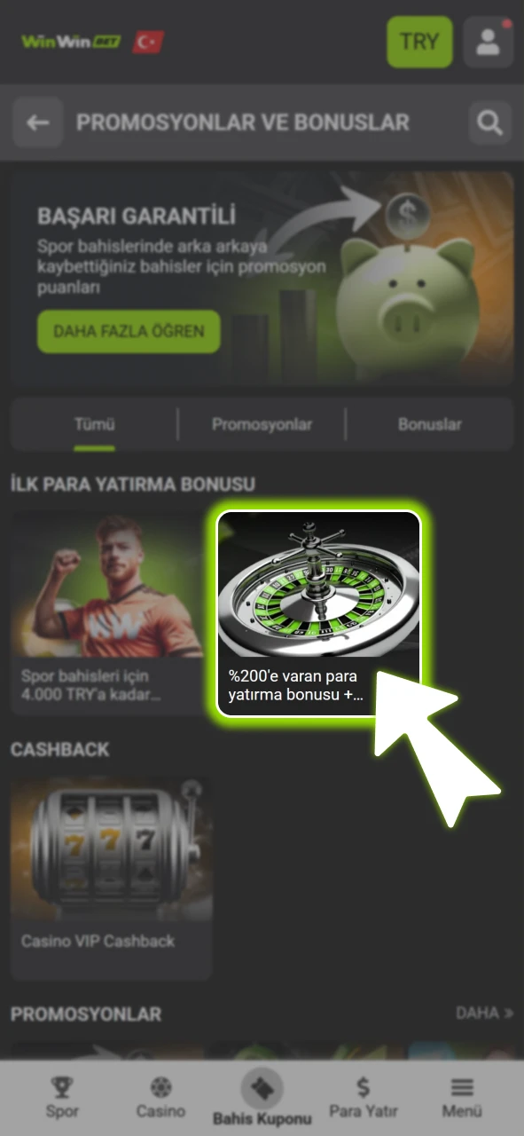 Promosyonlar sekmesinden size özel resmi WinWin slot bonuslarını anında etkinleştirin.