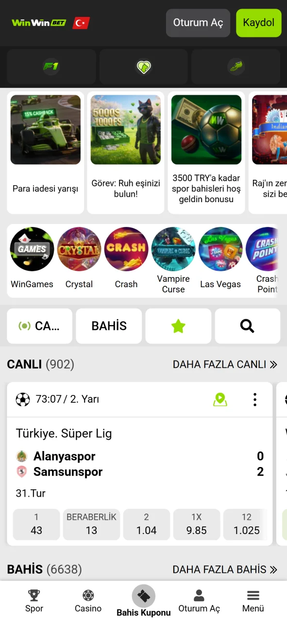 WinWin mobil uygulamasının resmi ana sayfa arayüzünü bu ekranda inceleyin.