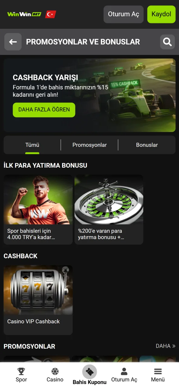 Kazandıran tüm promosyonları resmi WinWin bonuslar sayfası üzerinden kontrol edin.